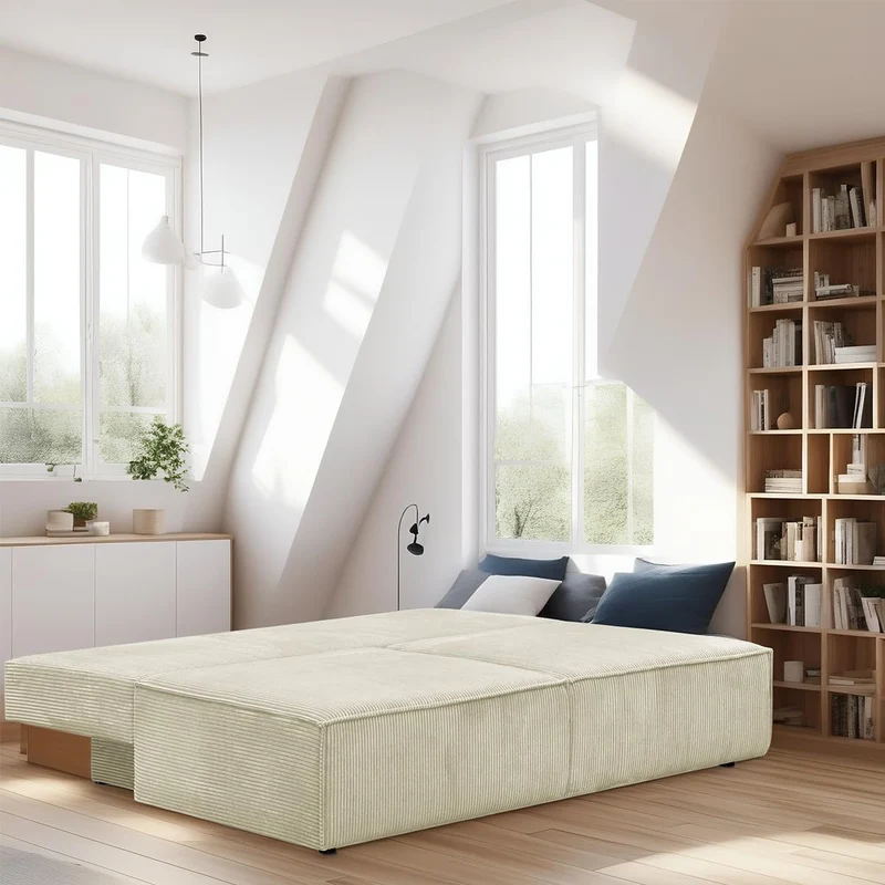 HOMIFAB Canapé Convertible 3 Places avec Coffre de Rangement en Velours côtelé Beige - Milla