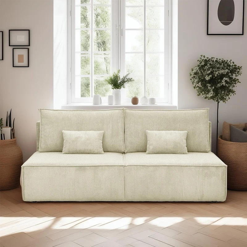 HOMIFAB Canapé Convertible 3 Places avec Coffre de Rangement en Velours côtelé Beige - Milla