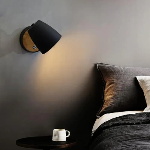 Ouglres Applique Murale Avec Interrupteur Noir,Applique en Bois Industrielle,Abat-Jour en Aluminium Pivotant,Lampe Murale Intérieure Moderne pour Chambre à Coucher Lit,Salon,Couloir,Escalier,E27 1pack