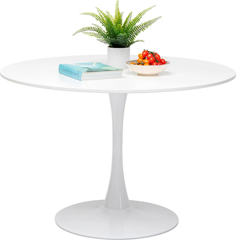 Kare Design Table Schickeria, blanc, bois MDF, pied en acier, minimaliste, table a manger, table ronde pour 4 personnes, salle à manger, salon, bureau, Ø110