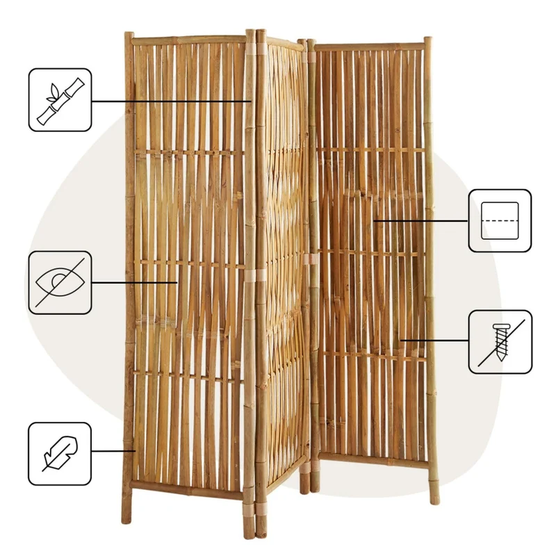 Box and Beyond - Paravent d’intérieur - 160 x 139 cm - Séparateur de pièce en Bambou Naturel - Paravent 3 Panneaux - Paravent Chambre, Salon - cloison Amovible