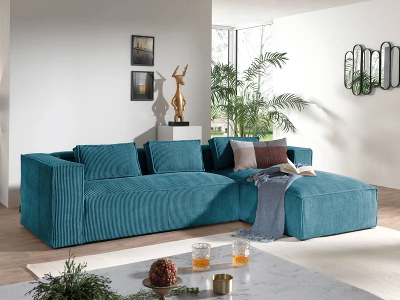 Lisa Design - Canapé d'angle Droit - Stella en Velours Côtelé - Sofa Bleu Canard 4 Places - Salon