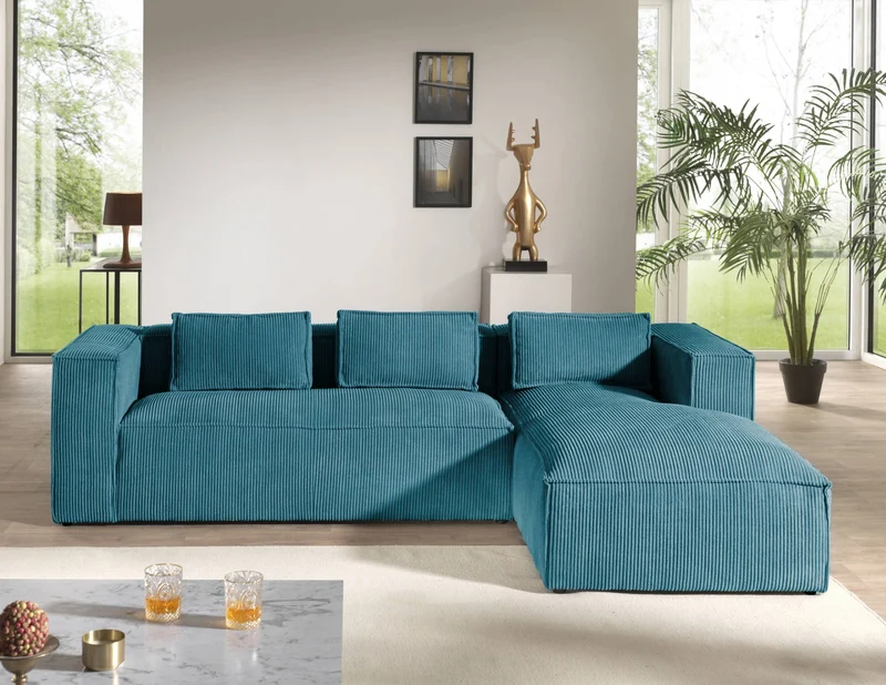 Lisa Design - Canapé d'angle Droit - Stella en Velours Côtelé - Sofa Bleu Canard 4 Places - Salon