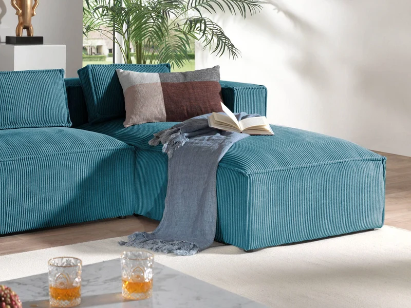 Lisa Design - Canapé d'angle Droit - Stella en Velours Côtelé - Sofa Bleu Canard 4 Places - Salon
