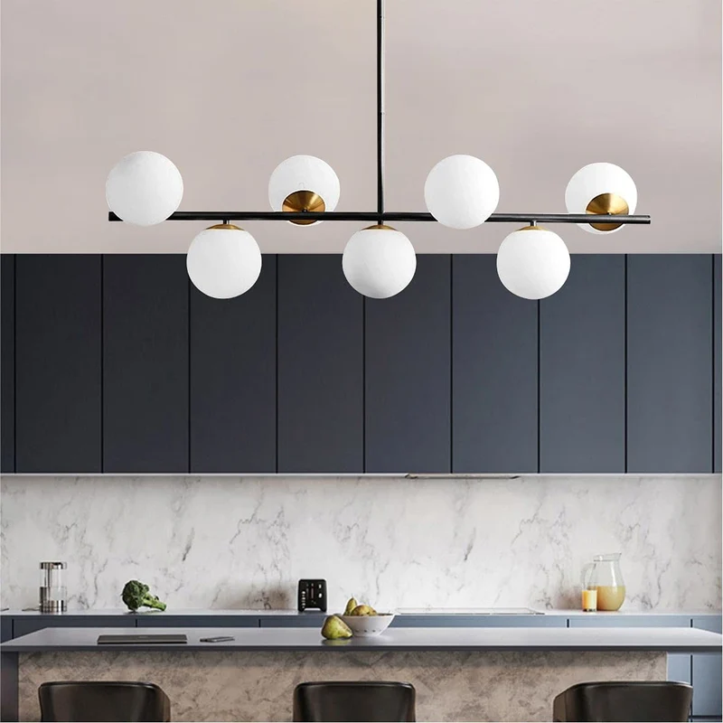 KCO Éclairage noir et laiton - Lustre moderne Spoutnik - 7 lumières - Globe en verre de lait - Pour cuisine, salle à manger, salon, chambre à coucher