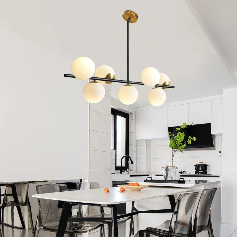 KCO Éclairage noir et laiton - Lustre moderne Spoutnik - 7 lumières - Globe en verre de lait - Pour cuisine, salle à manger, salon, chambre à coucher