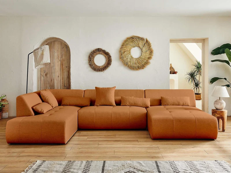 Lisa Design - Canapé Panoramique d'angle Gauche - Onyx en Tissu - Grand Sofa XXL Terracotta 7 Places - Salon
