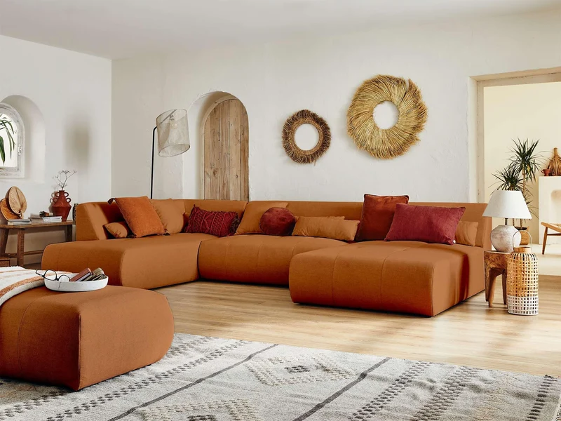 Lisa Design - Canapé Panoramique d'angle Gauche - Onyx en Tissu - Grand Sofa XXL Terracotta 7 Places - Salon