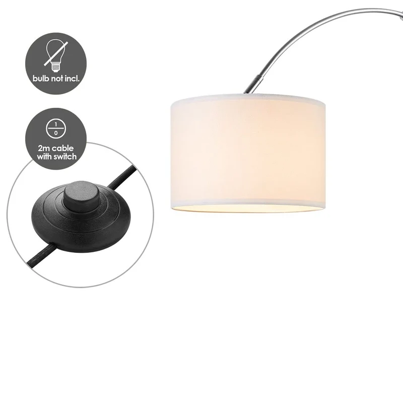 Home Sweet Home Moderne Lampadaire | arc Duke | 98/30/180cm | Acier brossé | Lampe sur pied Fischer avec abat-jour blanc | E27 | avec interrupteur au pied | pour le salon