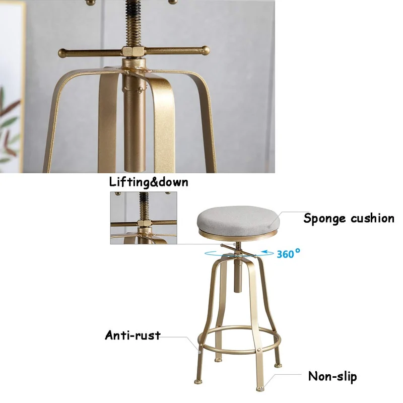 Knjlwa Bar pivotant Industriel Tabouret, Tabouret Pub Cuisine Rustique Vintage for Le Petit déjeuner Bar, comptoir, Cuisine et Maison Hauteur Ajustable Max.Charge 60~200 kg 80cm, avec des Jambes d'or