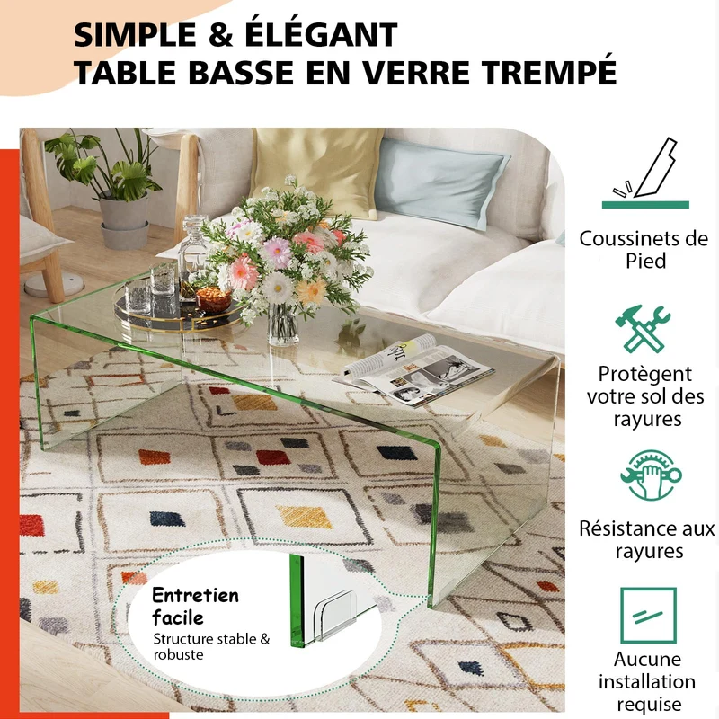 GOPLUS Table Basse Verre Trempé, Table Basse Salon Moderne Minimaliste sans Assemblage, pour Salon, Chambre, Appartement,Charge 30KG108X50X35 CM