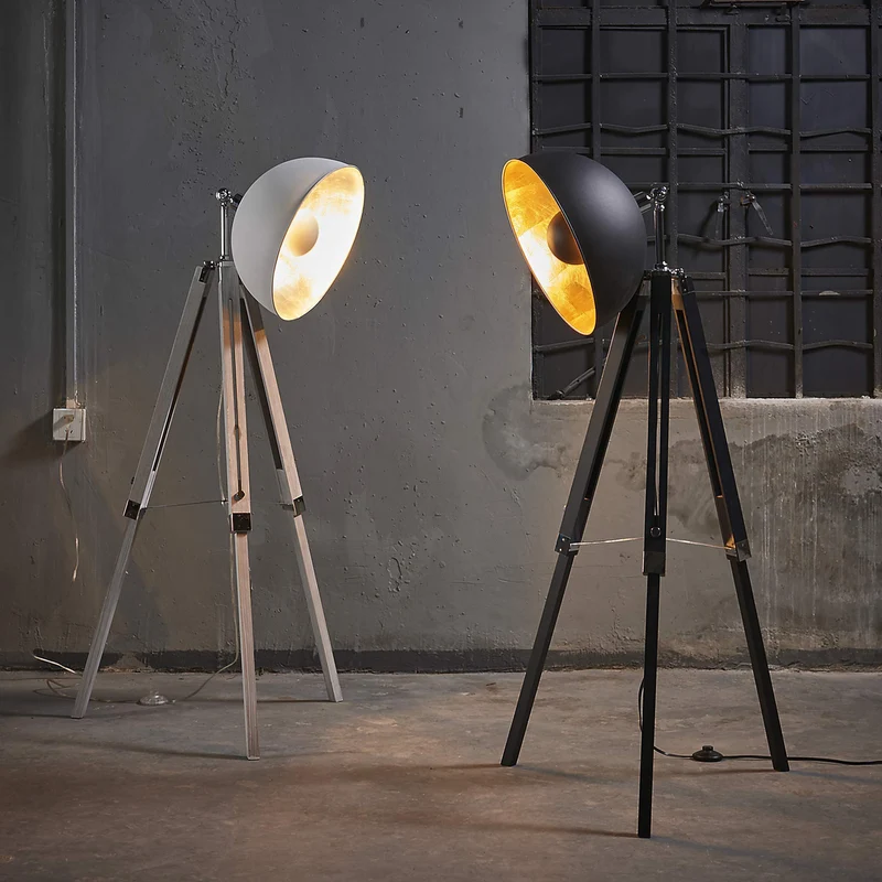 Lampadaire Fascino Métal Rétro Projecteur Lampe De Sol Noir Dorée VN-L00019-EU