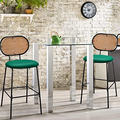 Lot de 2 tabourets de bar en cuir synthétique avec dossier en imitation rotin et cadre en métal, chaises de salle à manger pour cuisine, bar Vert