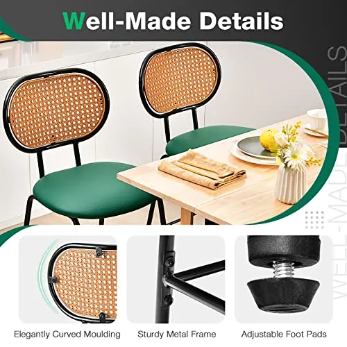 Lot de 2 tabourets de bar en cuir synthétique avec dossier en imitation rotin et cadre en métal, chaises de salle à manger pour cuisine, bar Vert