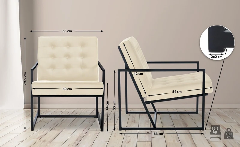 CLP Fauteuil Lounge Avon en Velours I Chaise Capitonnée avec Pieds en Métal I Cadre Solide, Couleur:crème
