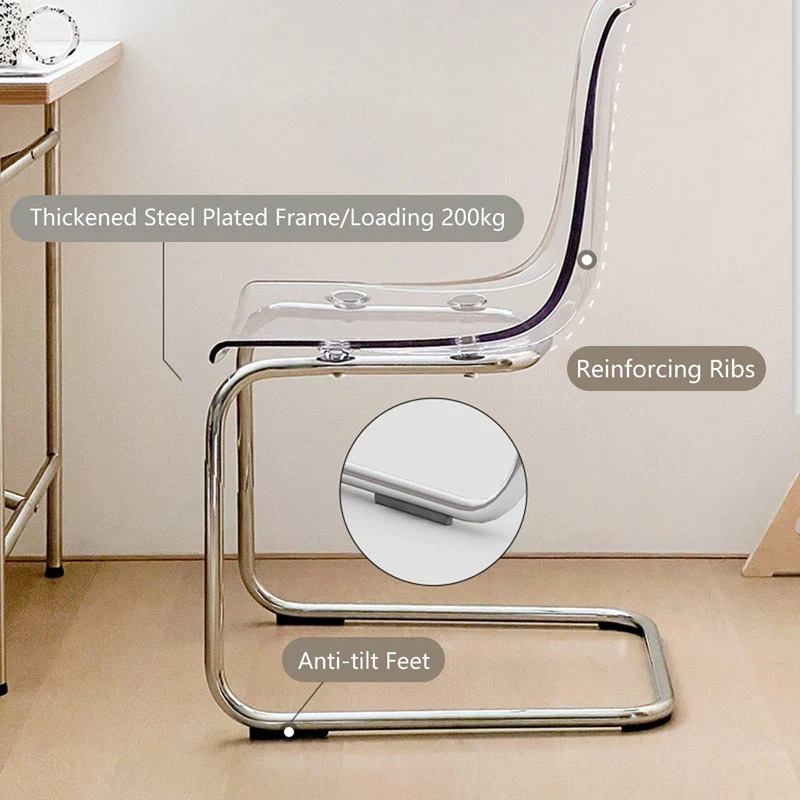 Chaise de salle à manger transparente avec dossier transparent – Design minimaliste en acrylique pour salle à manger, salon, bureau – Pieds galvanisés – Meuble élégant et moderne