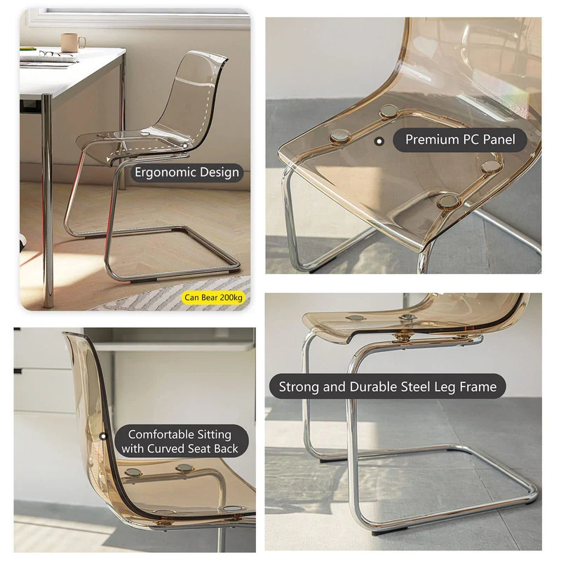 Chaise de salle à manger transparente avec dossier transparent – Design minimaliste en acrylique pour salle à manger, salon, bureau – Pieds galvanisés – Meuble élégant et moderne