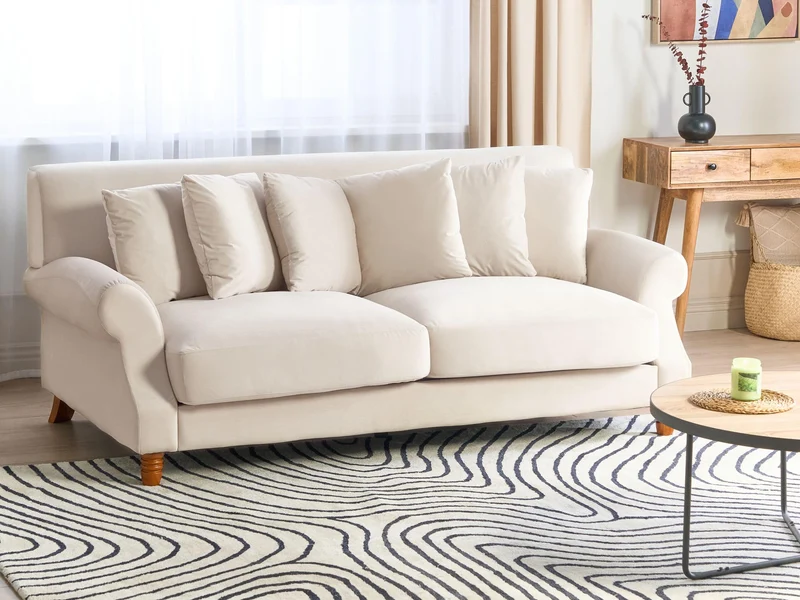 Canapé Fixe 2 Places en Velours Blanc Cassé avec Pieds en Bois et Rembourrage Moelleux pour Salon Design Glamour Beliani