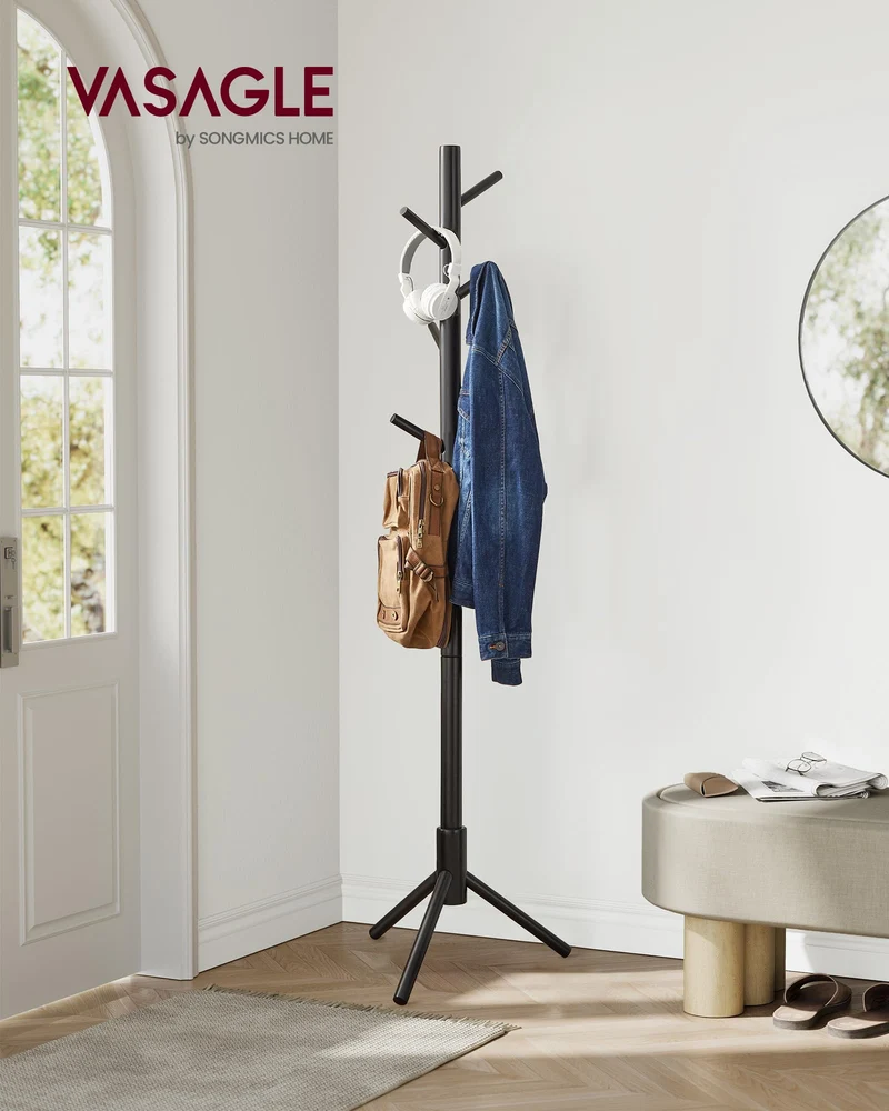 VASAGLE Porte-manteau sur Pieds, en Bois, en Forme d’Arbre, 8 Crochets, 3 Hauteurs Réglables, pour Vêtements, Chapeaux, Sacs, Entrée, Salon, Chambre, Bureau, Noir RCR004B01