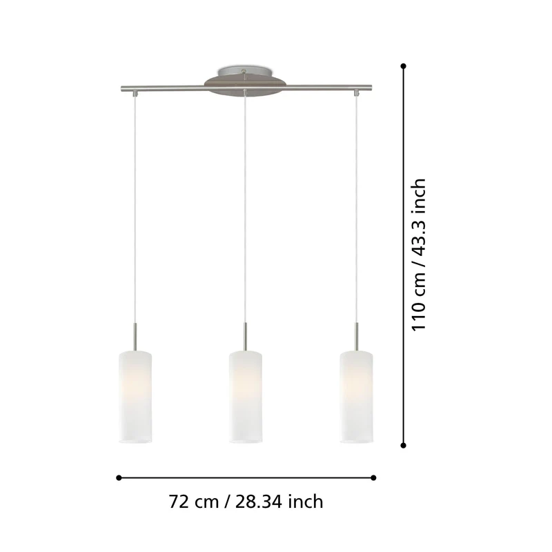 Eglo Lampe Suspension Troy 3 à 3 Lampes en Acier et Verre Pour 3 Ampoules E27 Max 60 W Non Incluses Nickel Mat/Blanc Satiné 72 X 10,5 X 110 cm