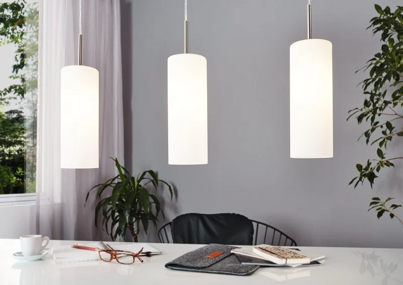 Eglo Lampe Suspension Troy 3 à 3 Lampes en Acier et Verre Pour 3 Ampoules E27 Max 60 W Non Incluses Nickel Mat/Blanc Satiné 72 X 10,5 X 110 cm
