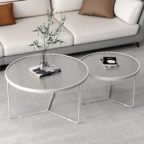 WENNEWU Table Basse De Salon Moderne, Table De Canapé De Luxe LéGèRe Et Moderne, Table Basse en Verre Ronde, Ensemble Gigogne De 2, pour Table Centrale De Salon,Blanc,80+60cm