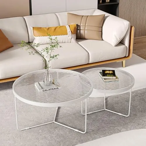 WENNEWU Table Basse De Salon Moderne, Table De Canapé De Luxe LéGèRe Et Moderne, Table Basse en Verre Ronde, Ensemble Gigogne De 2, pour Table Centrale De Salon,Blanc,80+60cm