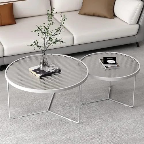 WENNEWU Table Basse De Salon Moderne, Table De Canapé De Luxe LéGèRe Et Moderne, Table Basse en Verre Ronde, Ensemble Gigogne De 2, pour Table Centrale De Salon,Blanc,80+60cm