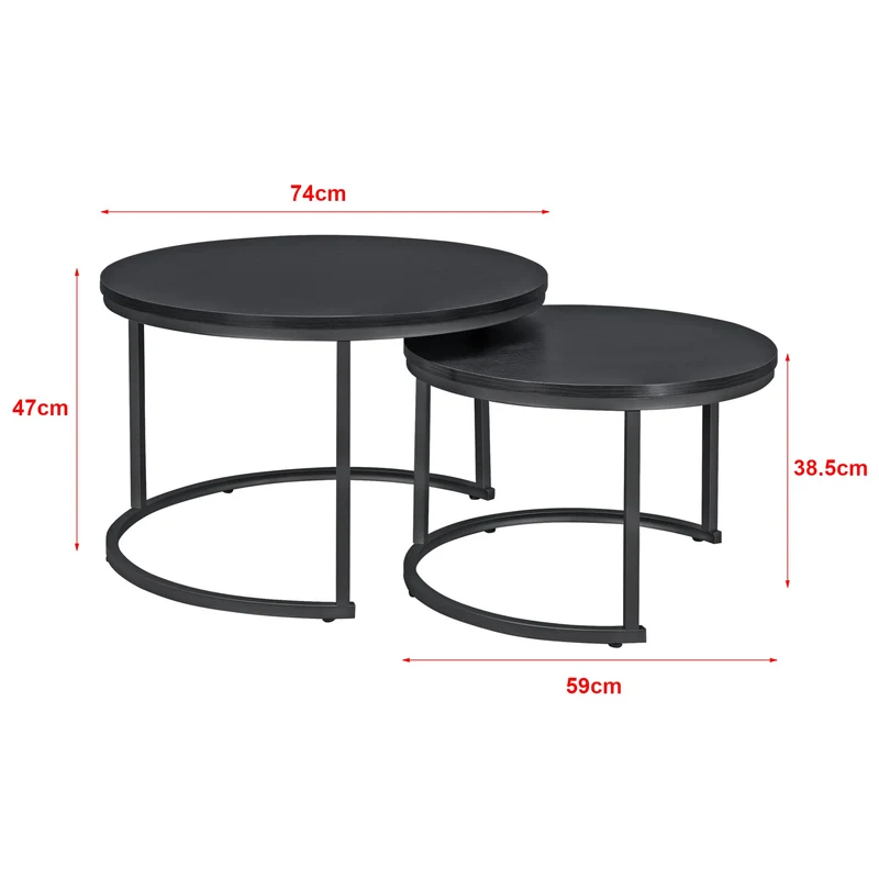 [en.casa] Set de 2 Tables Basses Rondes Gigognes de Tailles Différentes Table d'Appoint Bout de Canapé Design Intemporel Panneaux de Particules Acier Laqué Noir