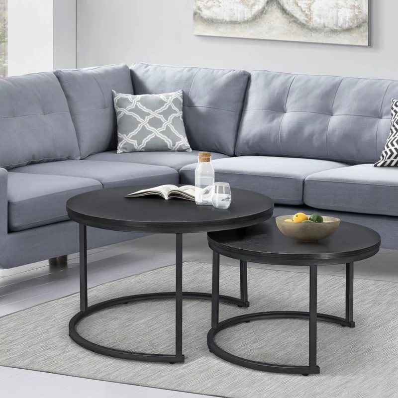 [en.casa] Set de 2 Tables Basses Rondes Gigognes de Tailles Différentes Table d'Appoint Bout de Canapé Design Intemporel Panneaux de Particules Acier Laqué Noir