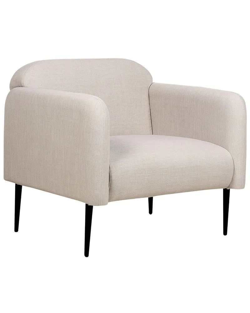 Fauteuil en Tissu Lin et Polyester Taupe Pieds en Métal Noir Hauts Accoudoirs Stouby