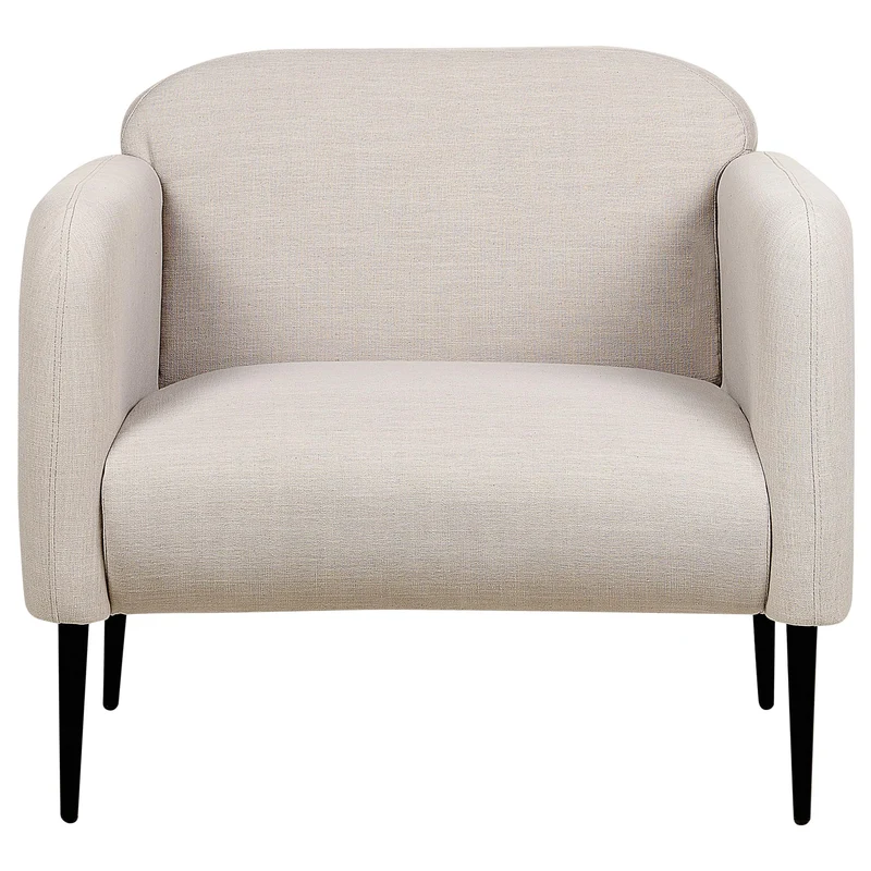 Fauteuil en Tissu Lin et Polyester Taupe Pieds en Métal Noir Hauts Accoudoirs Stouby