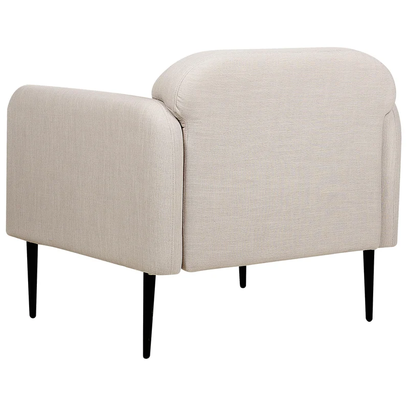Fauteuil en Tissu Lin et Polyester Taupe Pieds en Métal Noir Hauts Accoudoirs Stouby
