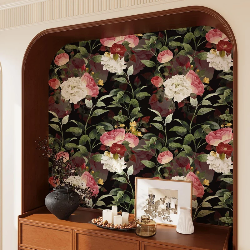 VEELIKE Papier Peint Fleuri Foncé Vintage Papier Peint Fleur Rose Aquarelle Papier Peint Adhesif Mural Botanique Noir Papier Collant pour Meuble Chambre Salle de Bain Armoire Amovible 44,5cm×300cm