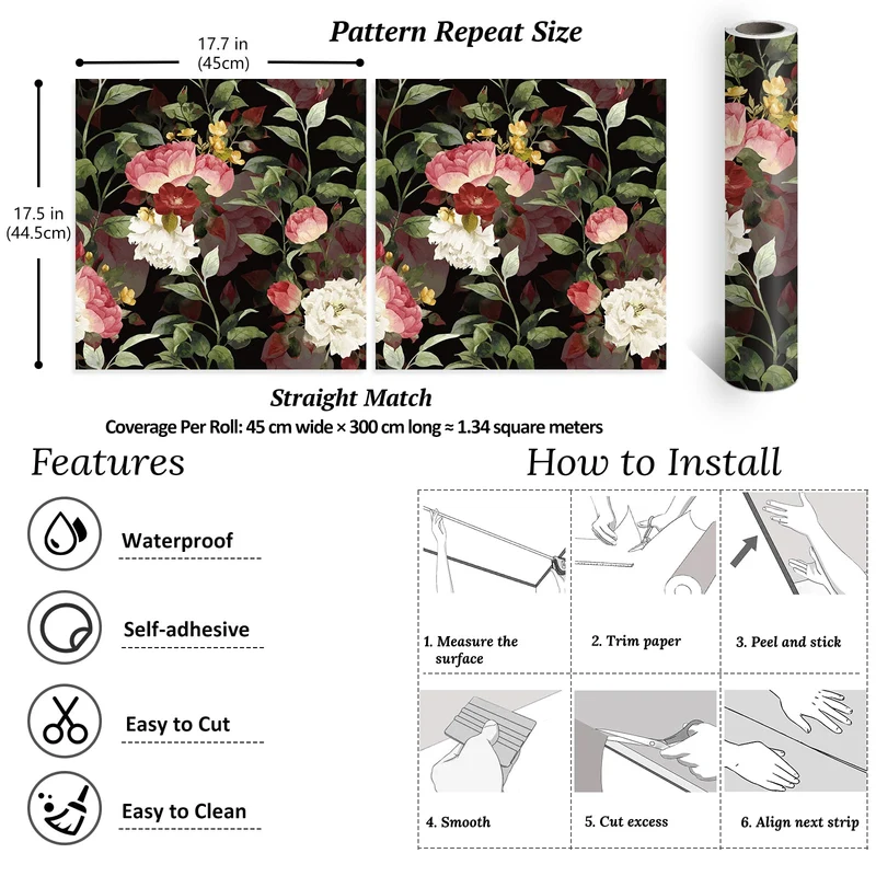VEELIKE Papier Peint Fleuri Foncé Vintage Papier Peint Fleur Rose Aquarelle Papier Peint Adhesif Mural Botanique Noir Papier Collant pour Meuble Chambre Salle de Bain Armoire Amovible 44,5cm×300cm