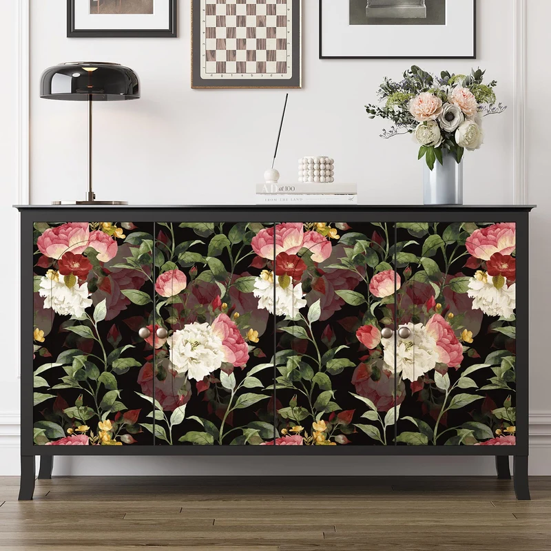 VEELIKE Papier Peint Fleuri Foncé Vintage Papier Peint Fleur Rose Aquarelle Papier Peint Adhesif Mural Botanique Noir Papier Collant pour Meuble Chambre Salle de Bain Armoire Amovible 44,5cm×300cm