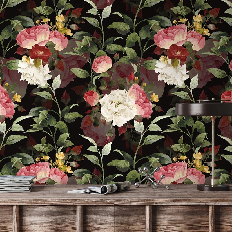 VEELIKE Papier Peint Fleuri Foncé Vintage Papier Peint Fleur Rose Aquarelle Papier Peint Adhesif Mural Botanique Noir Papier Collant pour Meuble Chambre Salle de Bain Armoire Amovible 44,5cm×300cm