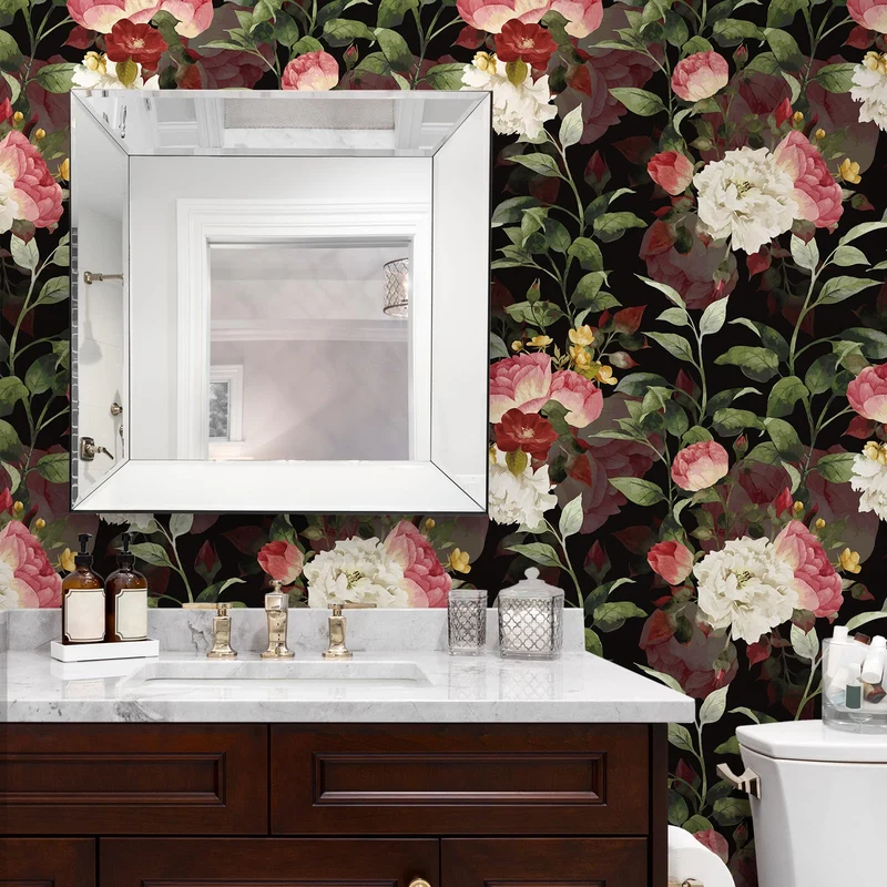 VEELIKE Papier Peint Fleuri Foncé Vintage Papier Peint Fleur Rose Aquarelle Papier Peint Adhesif Mural Botanique Noir Papier Collant pour Meuble Chambre Salle de Bain Armoire Amovible 44,5cm×300cm