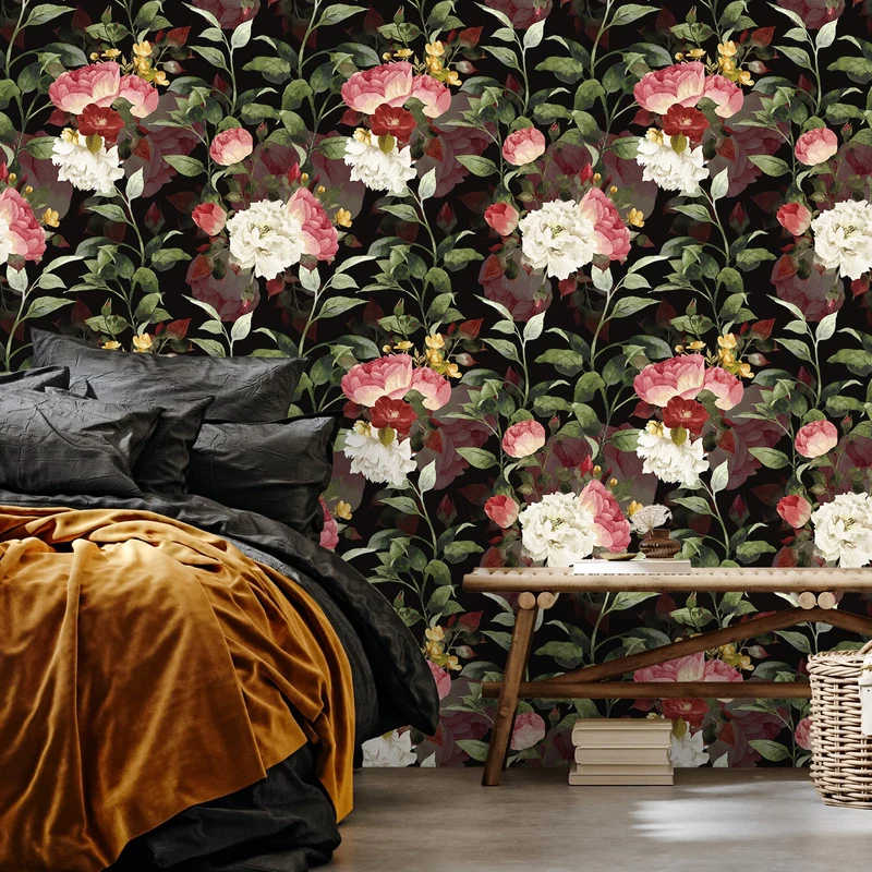 VEELIKE Papier Peint Fleuri Foncé Vintage Papier Peint Fleur Rose Aquarelle Papier Peint Adhesif Mural Botanique Noir Papier Collant pour Meuble Chambre Salle de Bain Armoire Amovible 44,5cm×300cm