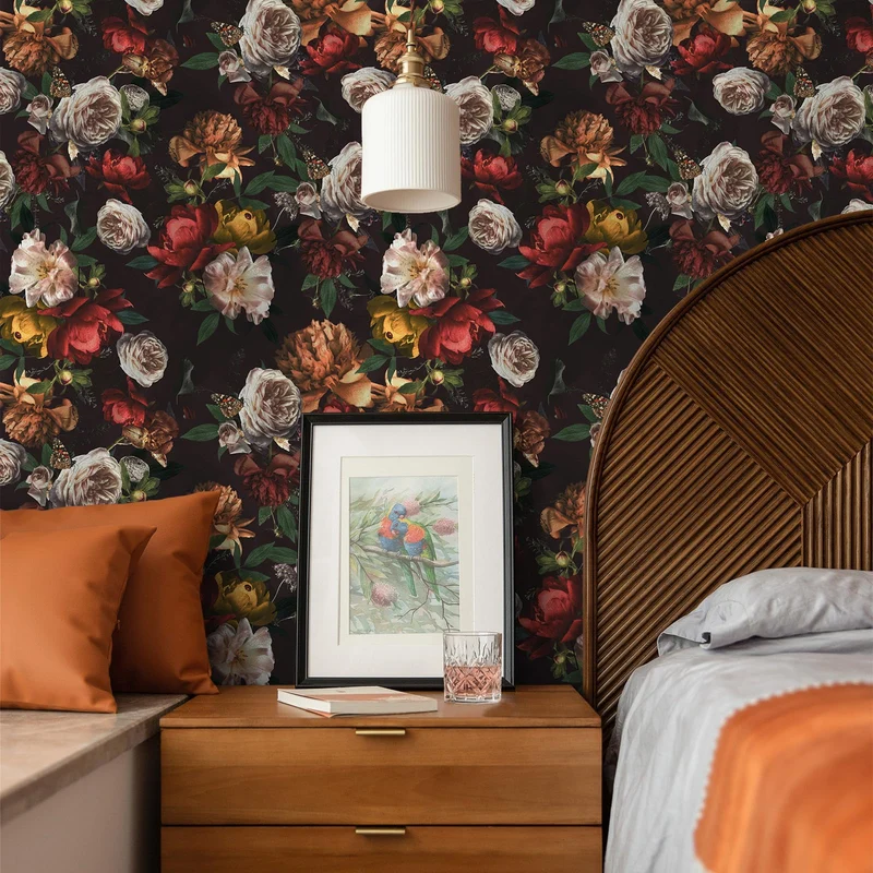 VEELIKE Papier Peint Fleuri Pivoine Vintage Papier Peint Floral Foncé Bouquet Papier Peint Adhesif Rouleau Fleur Papillon Papier Peint Mural Papier Collant pour Meuble Chambre Salon 44,5cm × 300cm