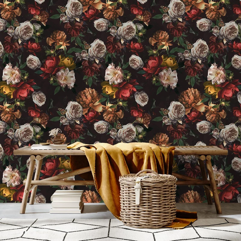 VEELIKE Papier Peint Fleuri Pivoine Vintage Papier Peint Floral Foncé Bouquet Papier Peint Adhesif Rouleau Fleur Papillon Papier Peint Mural Papier Collant pour Meuble Chambre Salon 44,5cm × 300cm