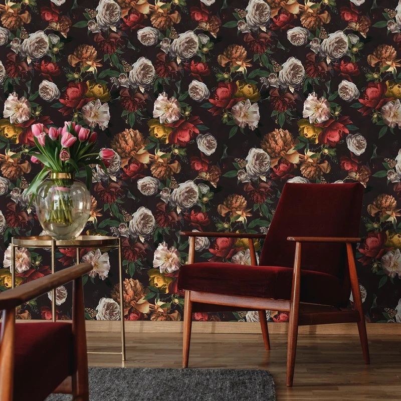 VEELIKE Papier Peint Fleuri Pivoine Vintage Papier Peint Floral Foncé Bouquet Papier Peint Adhesif Rouleau Fleur Papillon Papier Peint Mural Papier Collant pour Meuble Chambre Salon 44,5cm × 300cm