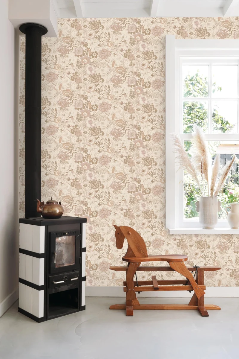papier peint fleurs vintage beige et vieux rose 0.53 x 10.05 m - ESTAhome