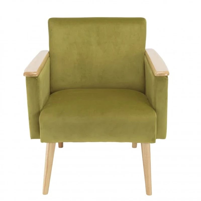 MACABANE ALBANE - Fauteuil Velours Vert Clair Pieds et accoudoirs Bois