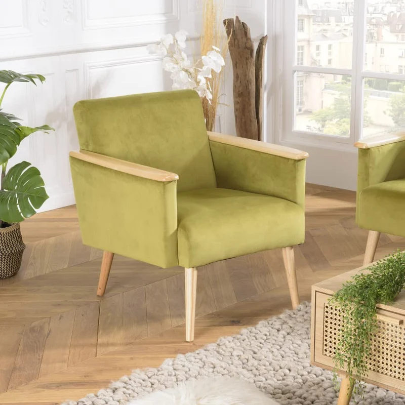 MACABANE ALBANE - Fauteuil Velours Vert Clair Pieds et accoudoirs Bois