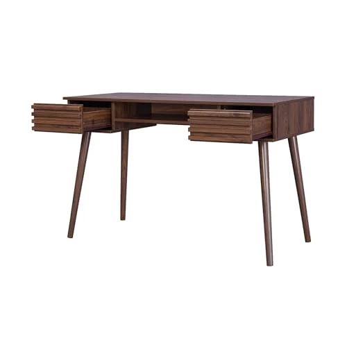 sweeek - Bureau Effet Bois 2 tiroirs MADERE Noyer. 1 casier. façade rainurées. 120 x 55 x 76.5 cm