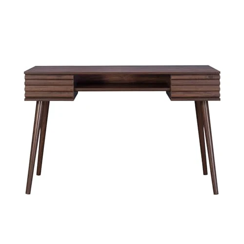sweeek - Bureau Effet Bois 2 tiroirs MADERE Noyer. 1 casier. façade rainurées. 120 x 55 x 76.5 cm