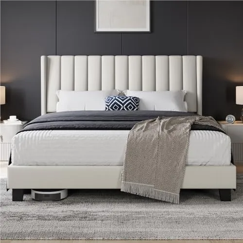 Yaheetech Lit Double Rembourré 160x200 cm avec Sommier à Lattes, Cadre de Lit Moderne pour Adultes 2 Personnes, Tête de Lit à Rayures, Lit en Bois et Métal, Beige