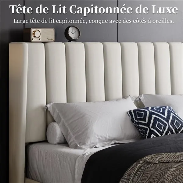 Yaheetech Lit Double Rembourré 160x200 cm avec Sommier à Lattes, Cadre de Lit Moderne pour Adultes 2 Personnes, Tête de Lit à Rayures, Lit en Bois et Métal, Beige