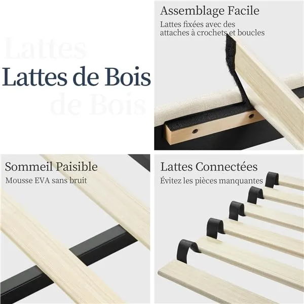 Yaheetech Lit Double Rembourré 160x200 cm avec Sommier à Lattes, Cadre de Lit Moderne pour Adultes 2 Personnes, Tête de Lit à Rayures, Lit en Bois et Métal, Beige